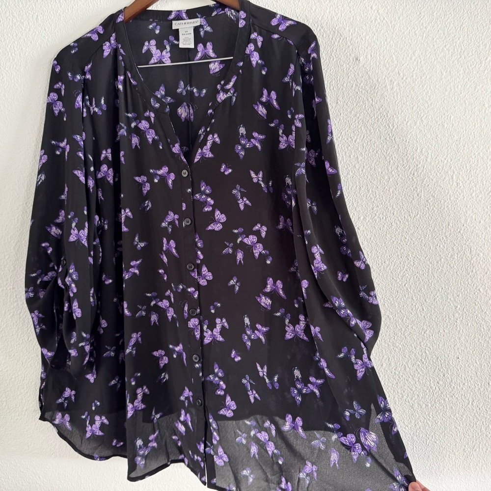 Butterfly Roll Tab Blouse 2X 22/24 Catherines Black Purple Art-to-Wear Shirt Lux - Picture 2 of 9